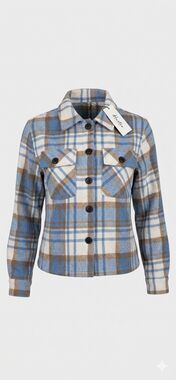 NWT Binshre Plaid Shacket Women's Small Blue Brown Flannel Button Jacket Sweater